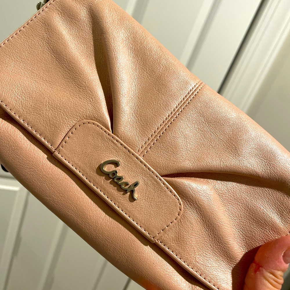 Shimmery, pearlescent Coach wristlet with strap. Perfect for day or night.